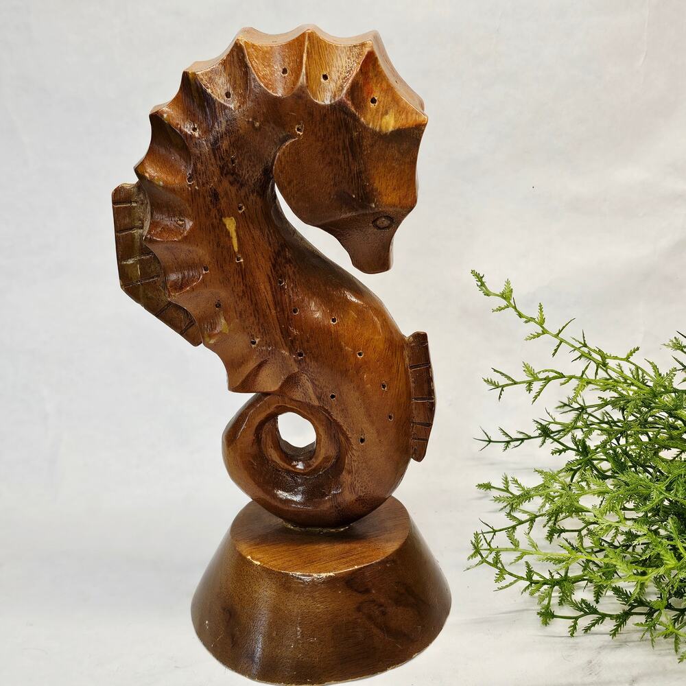 Mid Century 70s Monkey Pod Wood Toothpick Hors D' Oeuvres Holder Sea Horse MCM